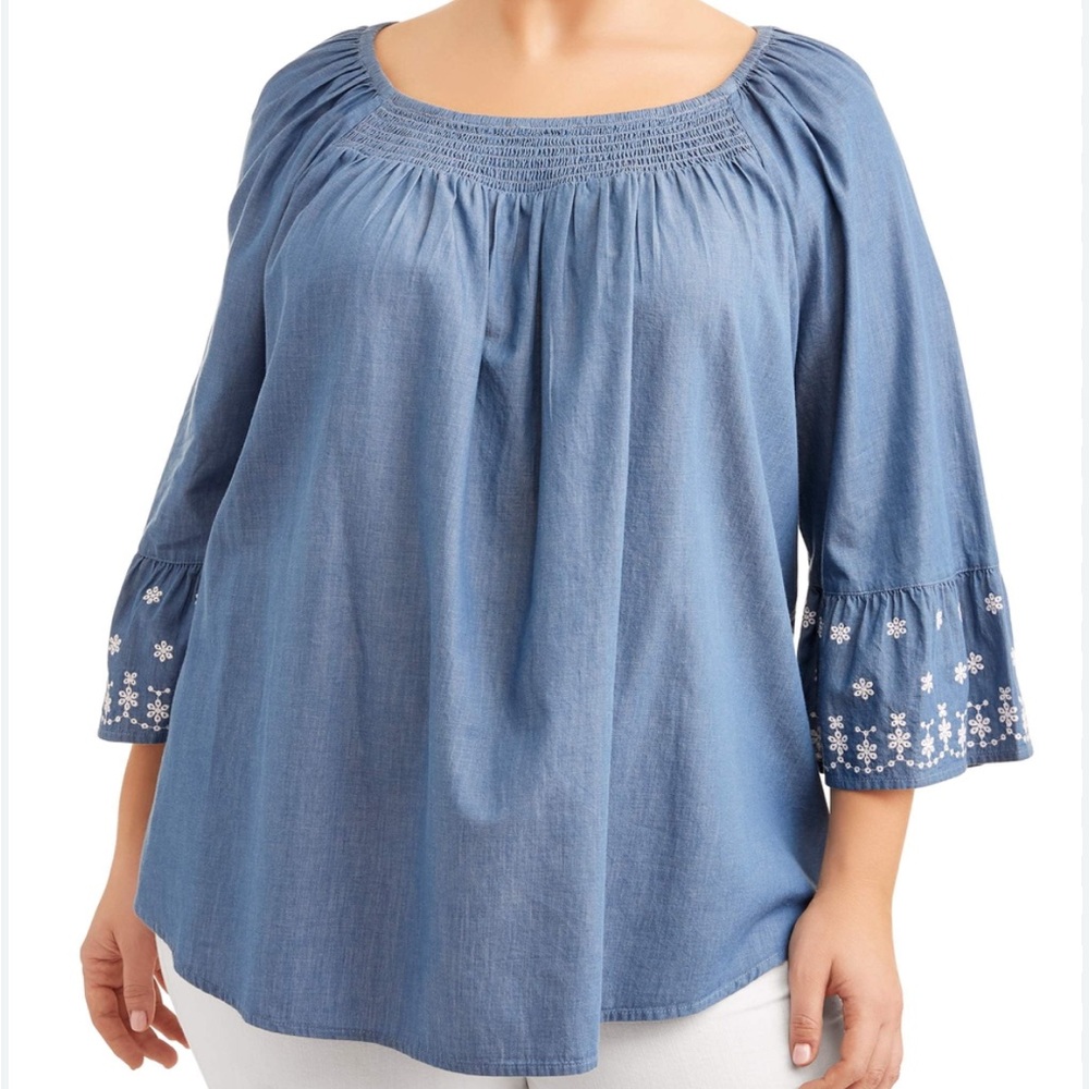 Terra & Sky NWT Chambray Blue Blouse with Floral Embroidery